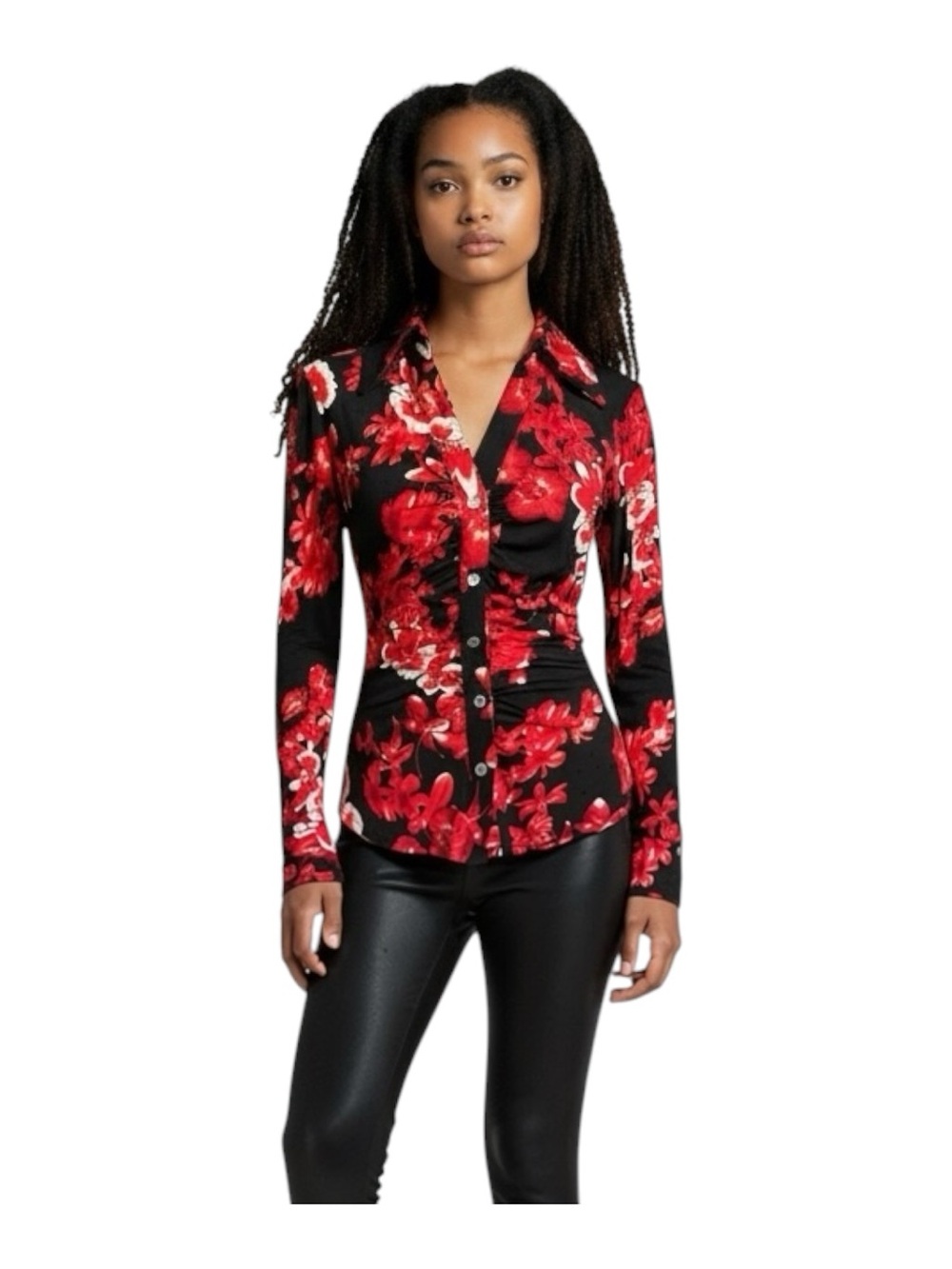 VTG Cache Blouse Size S Rhinestones Black Red Floral Ruching Date Night Chic